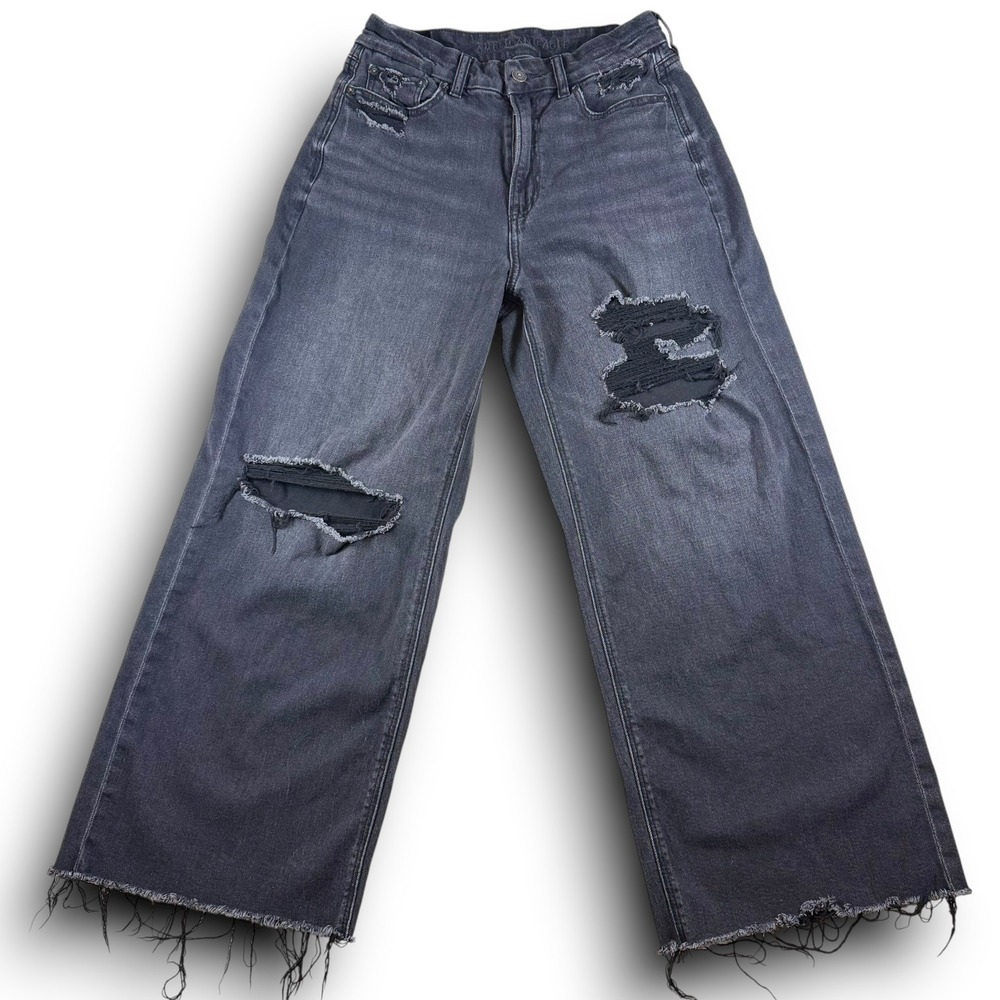 American Eagle Outfitters Distressed Wide Leg Jeans in Washed Black